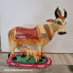 Wooden Kamdhenu Cow and Calf Statue